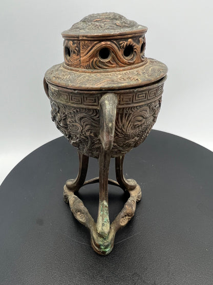 Ornate Bronze Censer: Dragon Design, 3-Footed Incense Burner