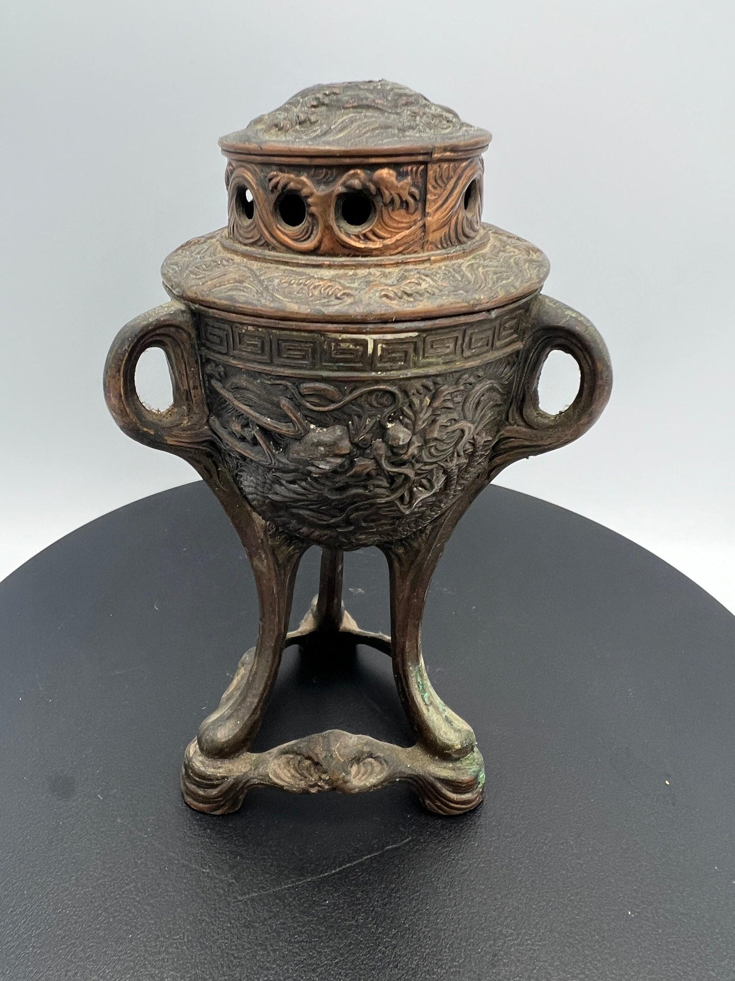 Ornate Bronze Censer: Dragon Design, 3-Footed Incense Burner