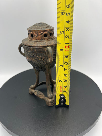 Ornate Bronze Censer: Dragon Design, 3-Footed Incense Burner