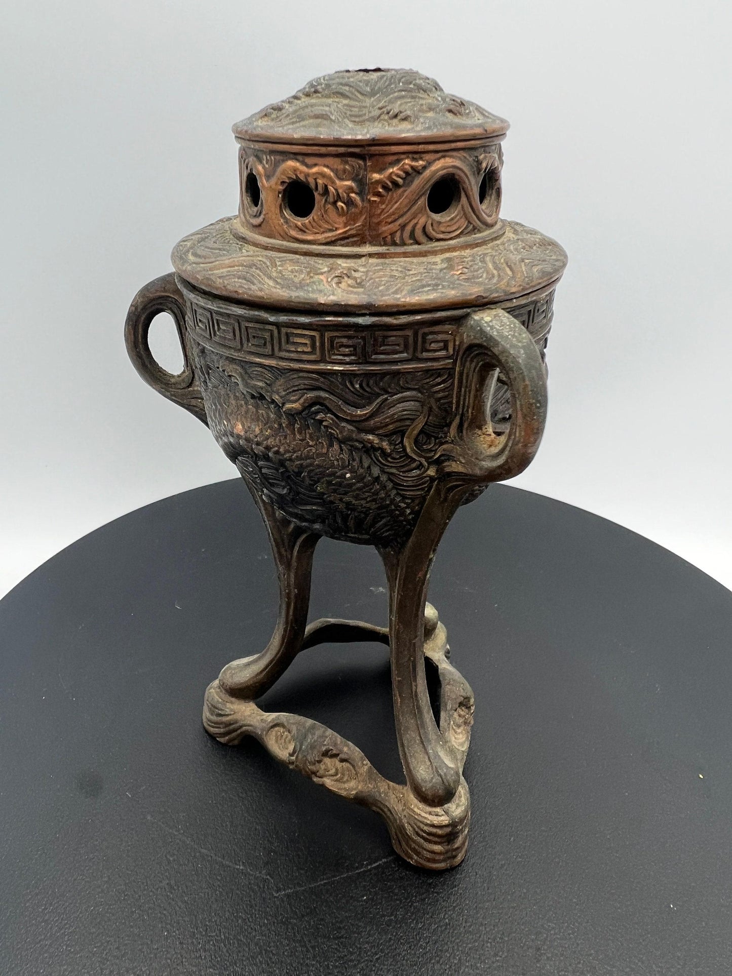 Ornate Bronze Censer: Dragon Design, 3-Footed Incense Burner