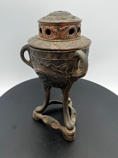Ornate Bronze Censer: Dragon Design, 3-Footed Incense Burner