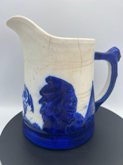 Vintage Sleepy Eye Blue Stoneware Pitcher: Rustic Native American Pottery Jug
