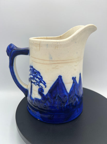Vintage Sleepy Eye Blue Stoneware Pitcher: Rustic Native American Pottery Jug