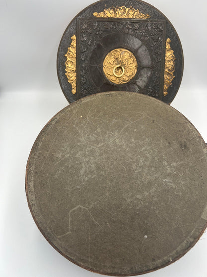 Sewing Box: Vintage Faux Leather with Embossed Brown and Gold - Storage Lid
