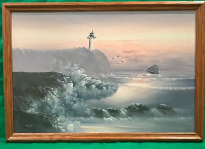 Seascape with Lighthouse Original Signed Painting