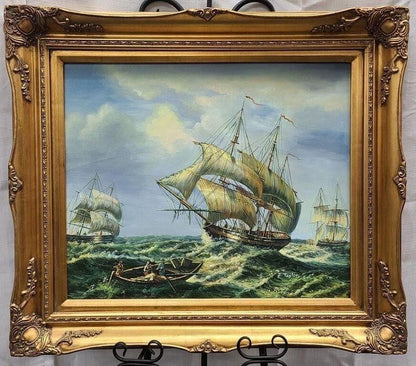 Maritime Acrylic Painting, Ships in Storm (Framed 23.5x19.5")