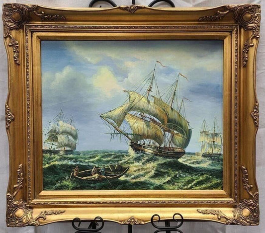 Maritime Acrylic Painting, Ships in Storm (Framed 23.5x19.5")