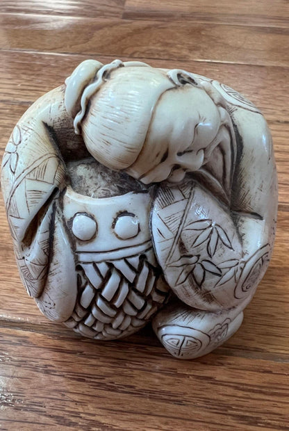 Asian Boxwood Figurine: Hand Carved Wood Art - Rustic Decor