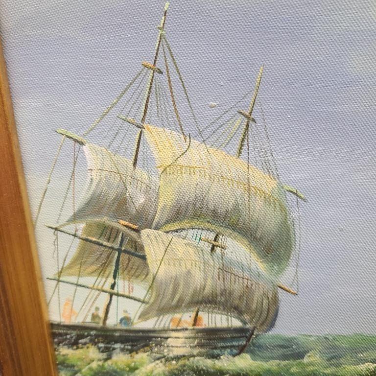 Maritime Acrylic Painting, Ships in Storm (Framed 23.5x19.5")