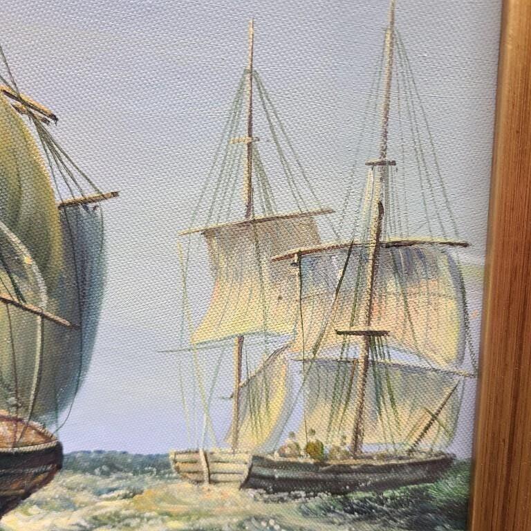 Maritime Acrylic Painting, Ships in Storm (Framed 23.5x19.5")