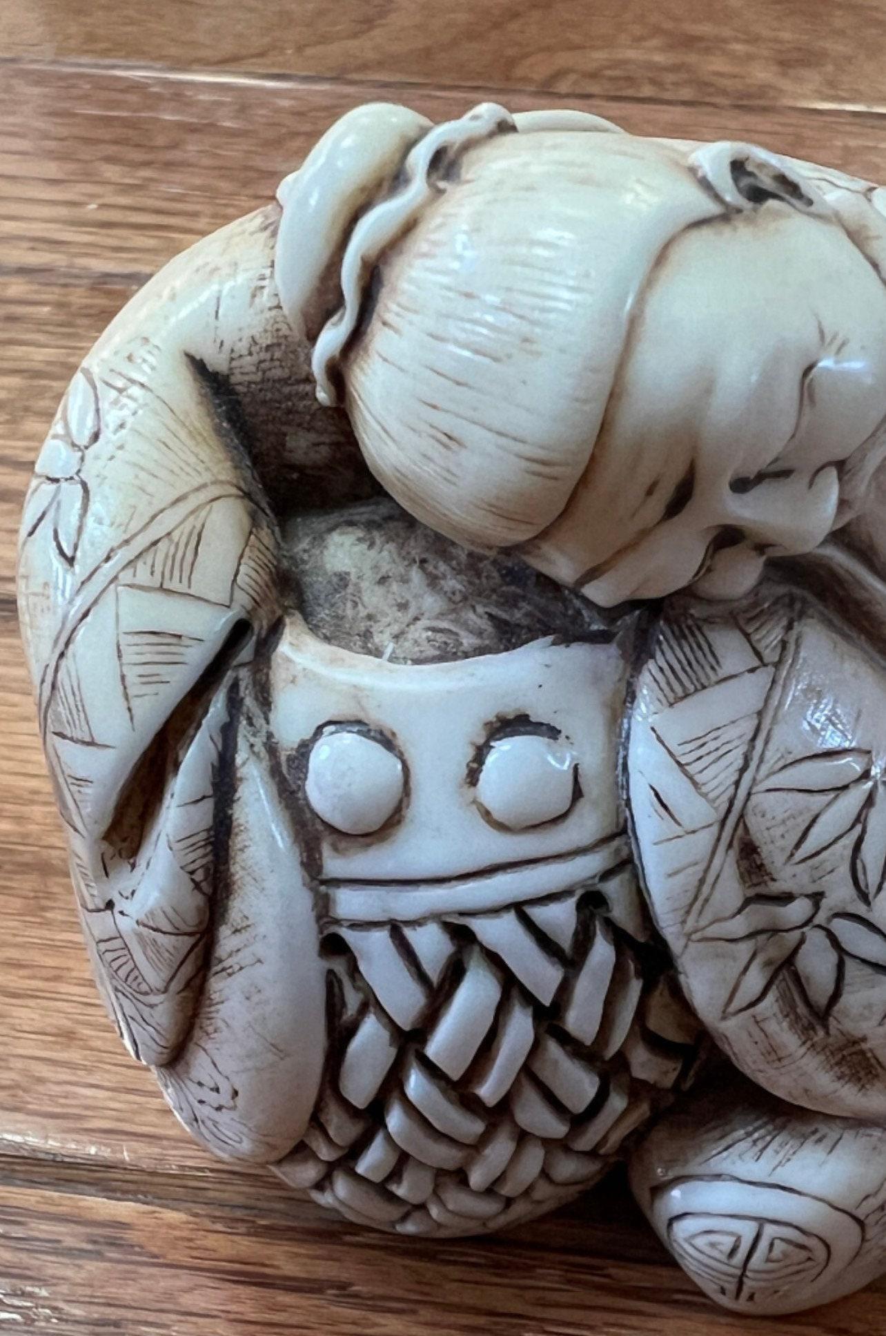 Asian Boxwood Figurine: Hand Carved Wood Art - Rustic Decor