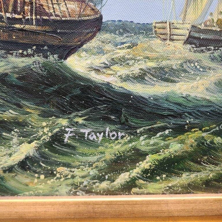 Maritime Acrylic Painting, Ships in Storm (Framed 23.5x19.5")