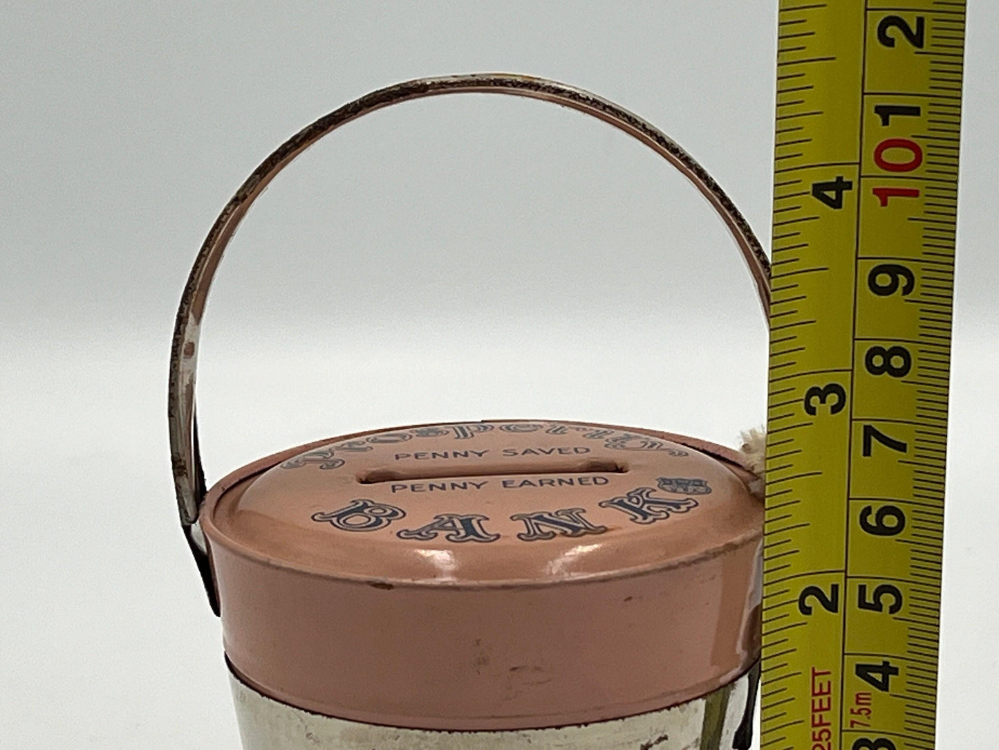 Vintage 1950s Pink & Black Bucket Bank, Prosperity Bank
