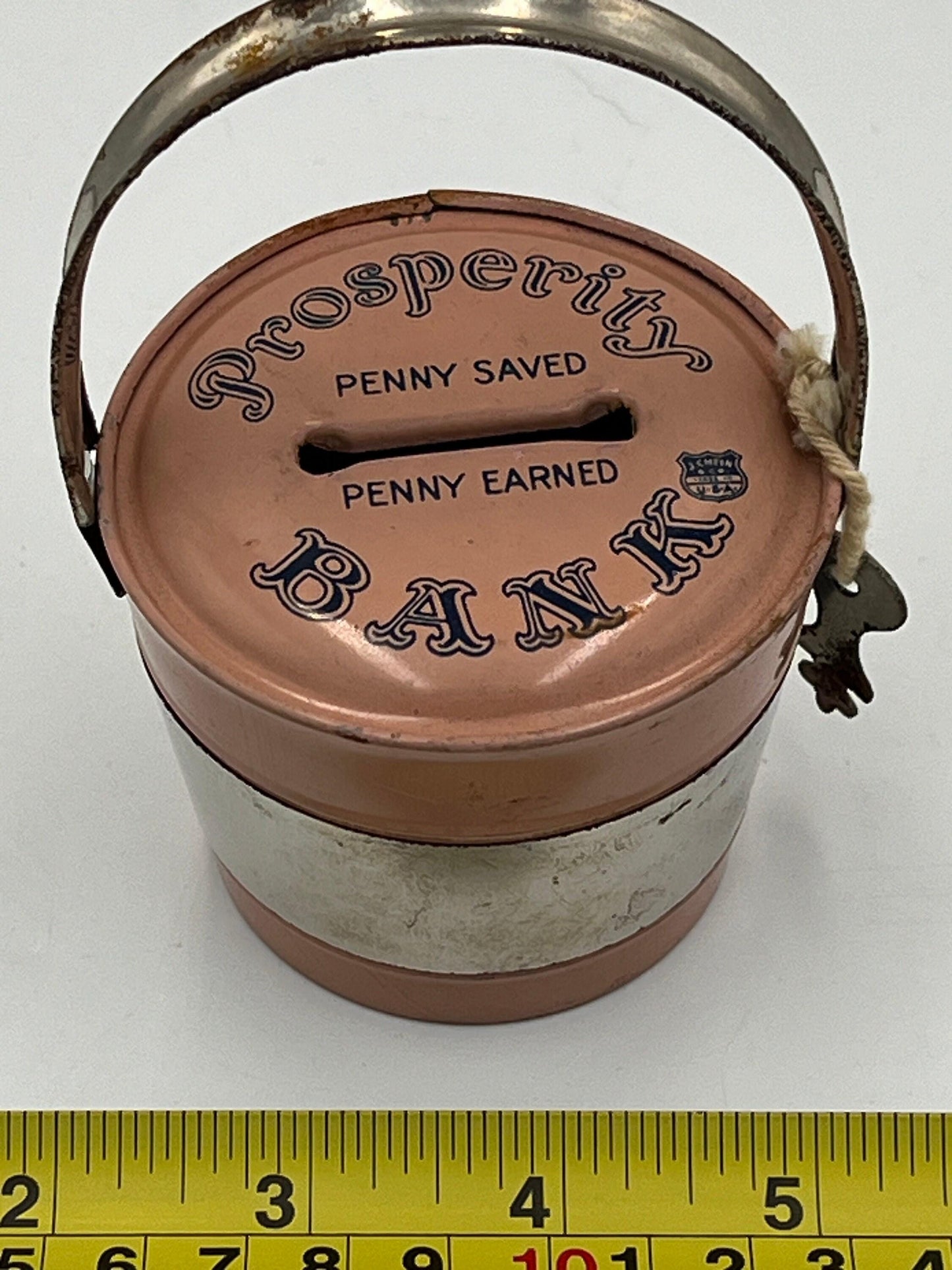 Vintage 1950s Pink & Black Bucket Bank, Prosperity Bank
