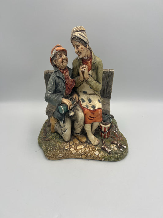 Vintage Naturecraft Figurine, Elderly Couple on Bench (Stoneware, 7")