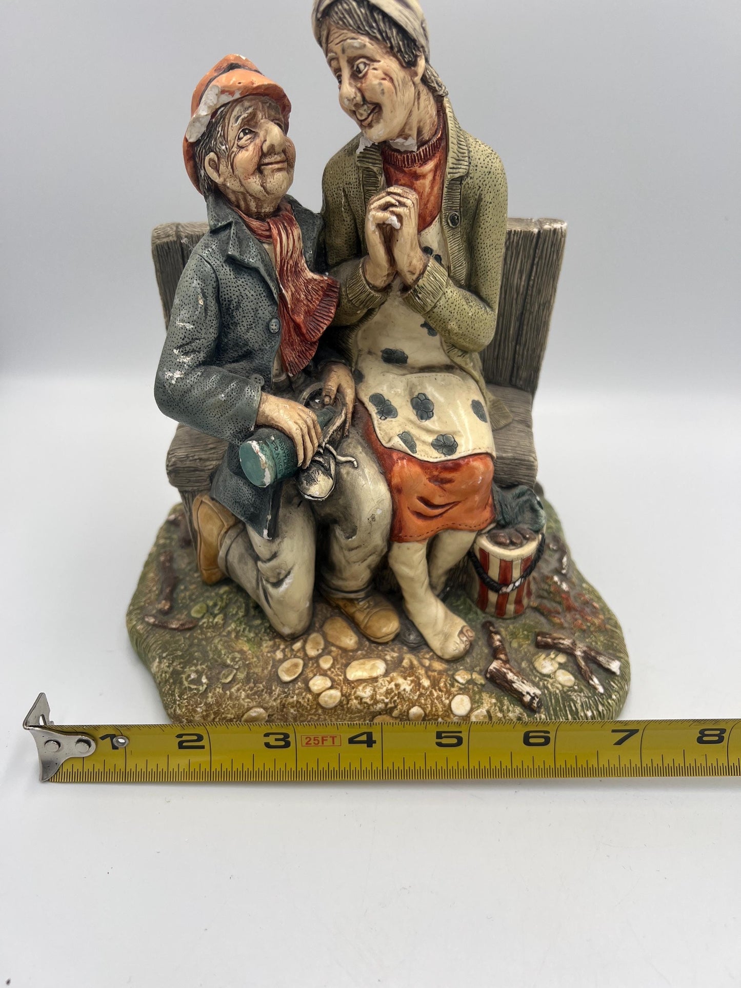 Vintage Naturecraft Figurine, Elderly Couple on Bench (Stoneware, 7")