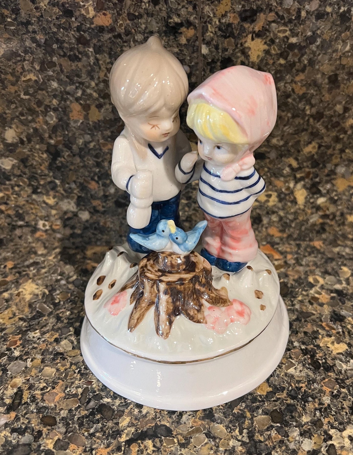 Music Box Friends with Birds: Porcelain, Vintage 1970s - Blue Glaze Finish