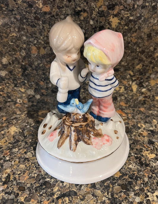Music Box Friends with Birds: Porcelain, Vintage 1970s - Blue Glaze Finish