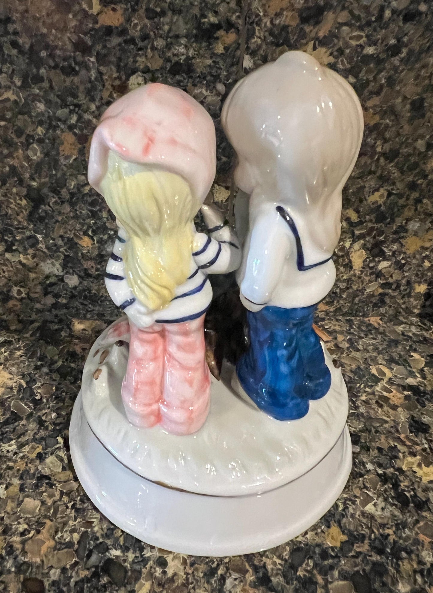 Music Box Friends with Birds: Porcelain, Vintage 1970s - Blue Glaze Finish