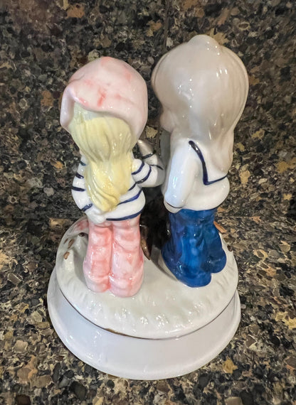 Music Box Friends with Birds: Porcelain, Vintage 1970s - Blue Glaze Finish