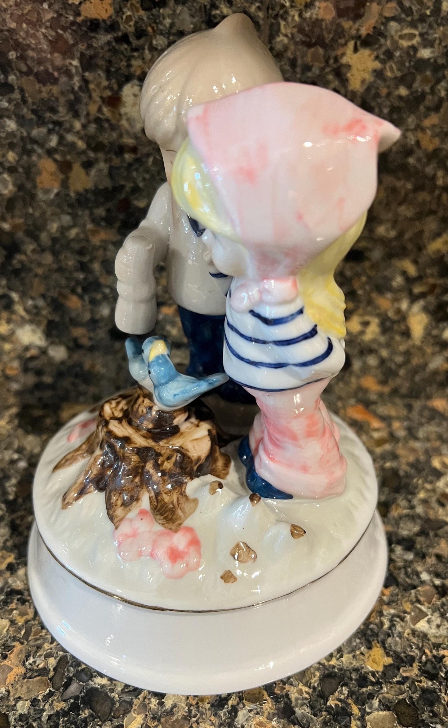 Music Box Friends with Birds: Porcelain, Vintage 1970s - Blue Glaze Finish