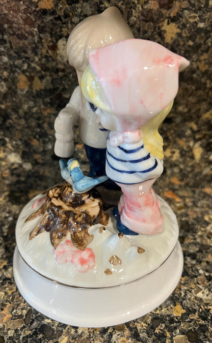 Music Box Friends with Birds: Porcelain, Vintage 1970s - Blue Glaze Finish
