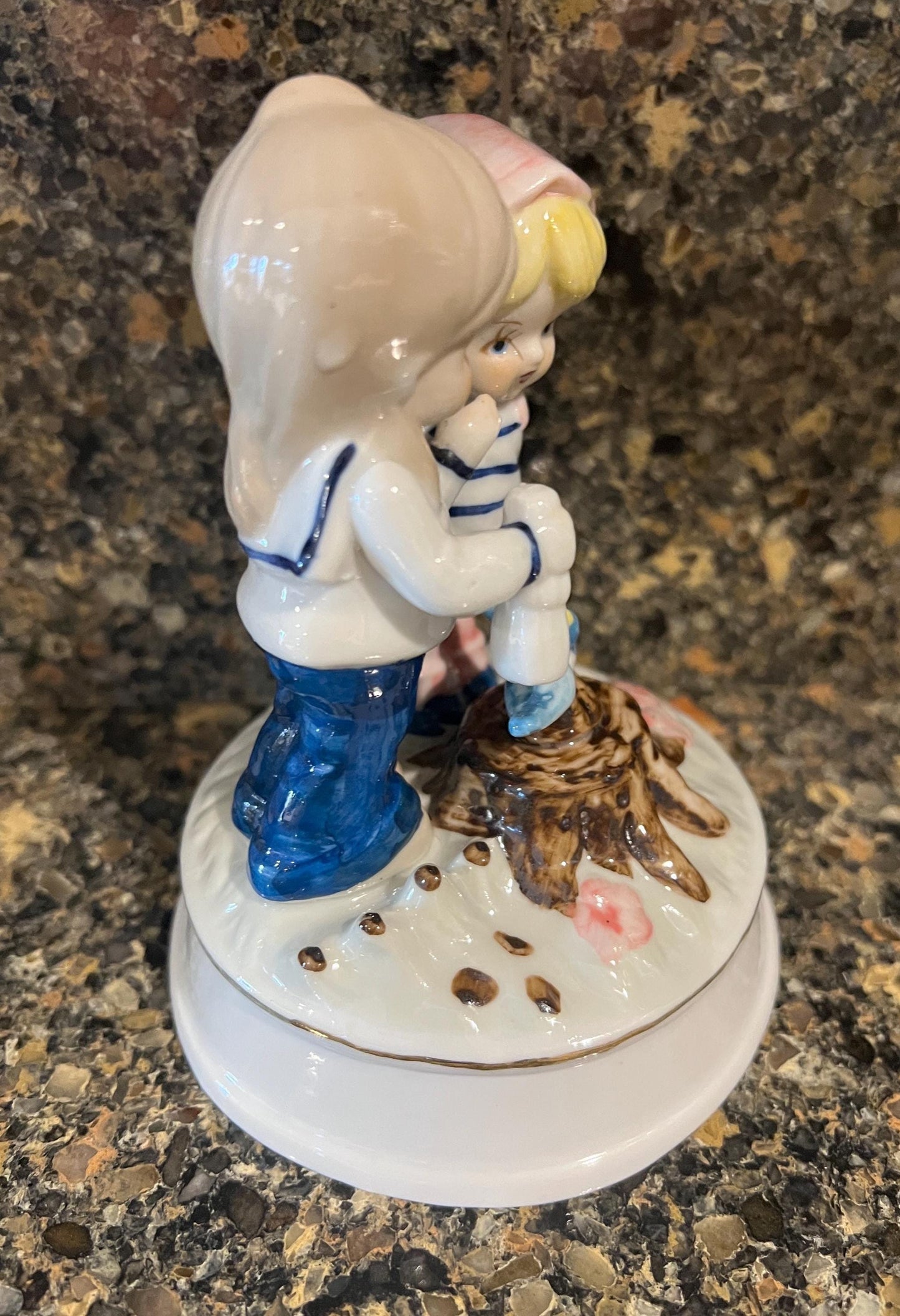 Music Box Friends with Birds: Porcelain, Vintage 1970s - Blue Glaze Finish