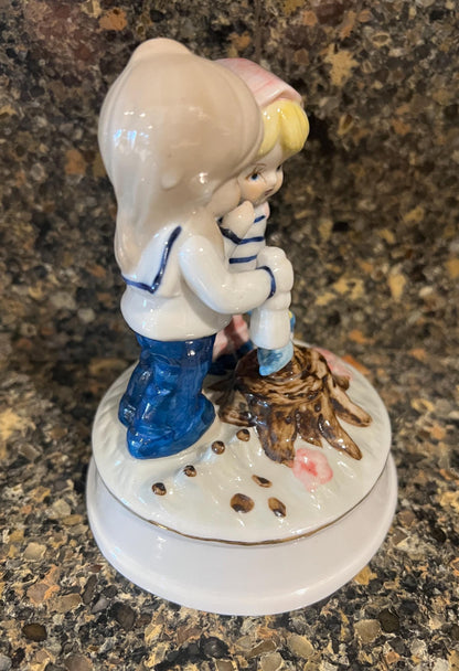 Music Box Friends with Birds: Porcelain, Vintage 1970s - Blue Glaze Finish