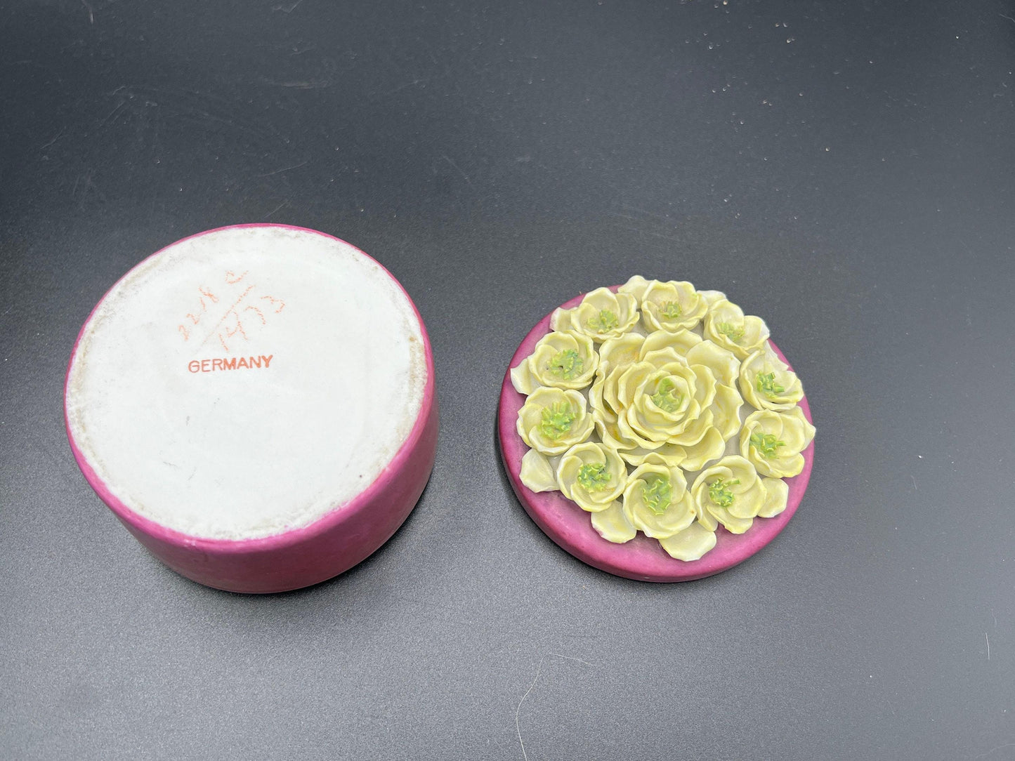 Vintage German Elfinware Jewelry Box - Purple Floral Porcelain Trinket