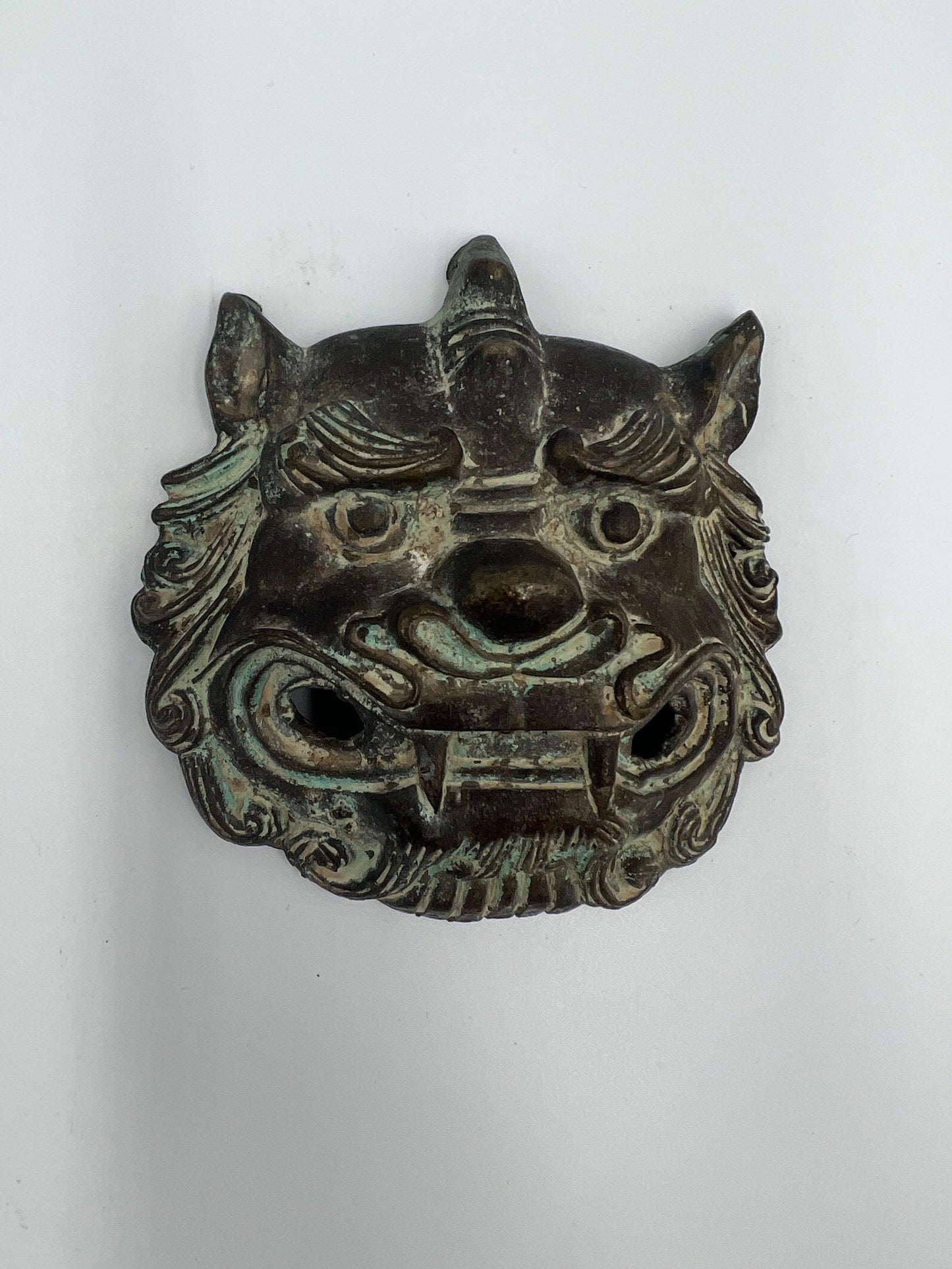 Foo Dog Collectible Set: Brass Figurine and Mask (Small Sculpture)
