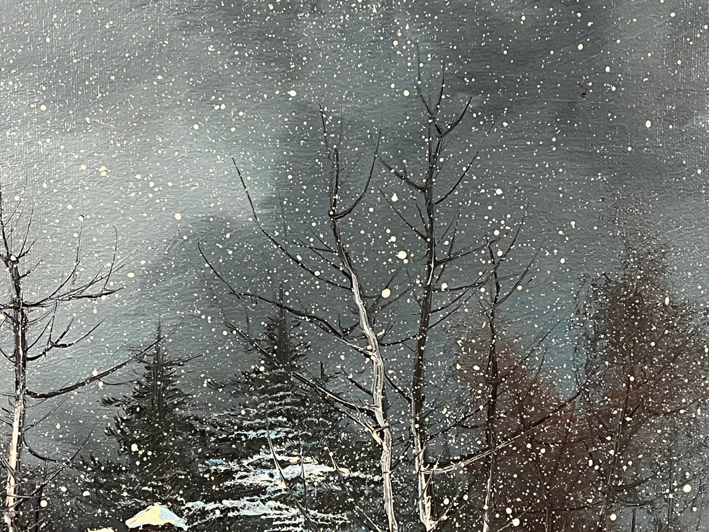 Vintage Barn Landscape Painting - Snowy Winter Farm Scene