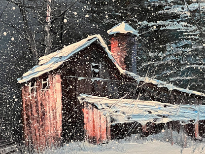 Vintage Barn Landscape Painting - Snowy Winter Farm Scene