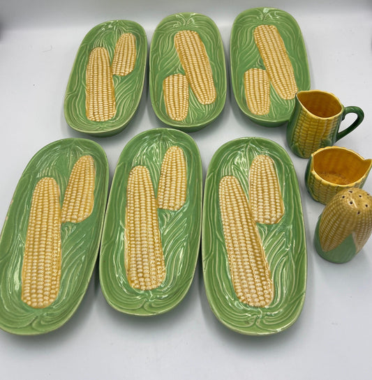 Vintage Corn Themed Salt Shaker, Creamer and Sugar set, Majolica Plates - 9 pieces!