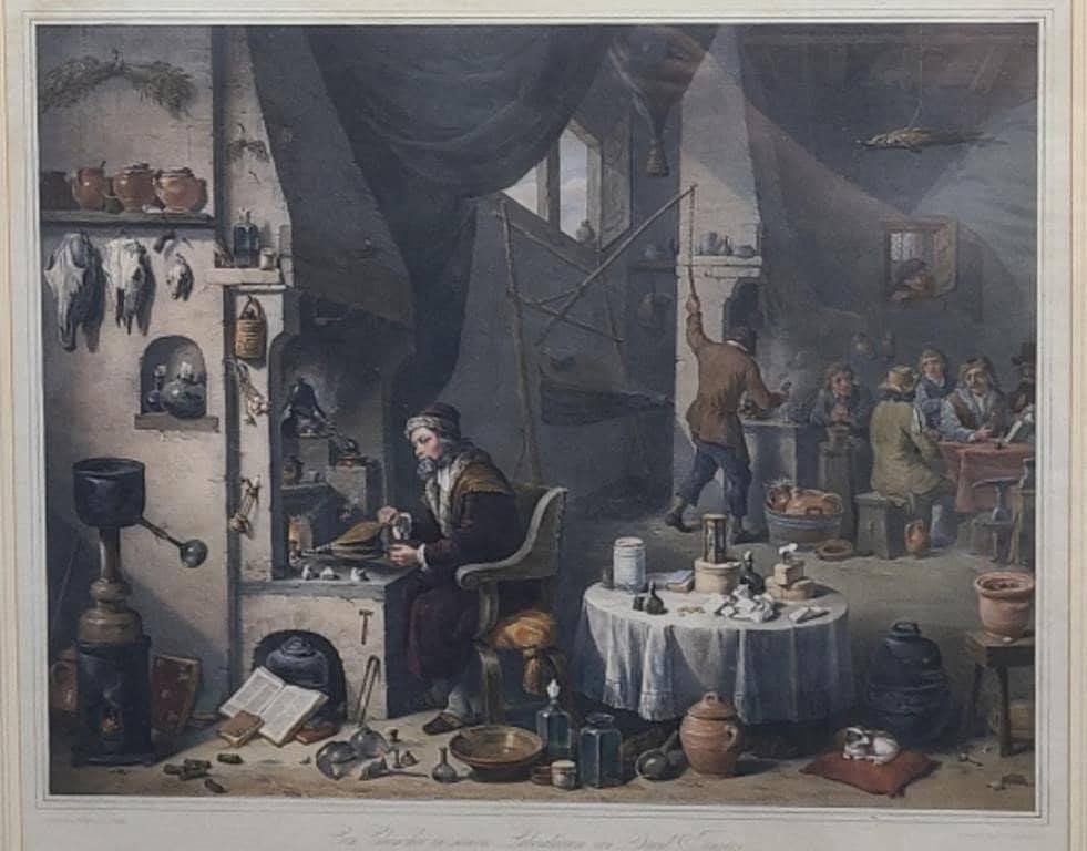 Carl Straub After David Teniers II Color Lithograph, Ein Chemiker in seinem Laboratorium