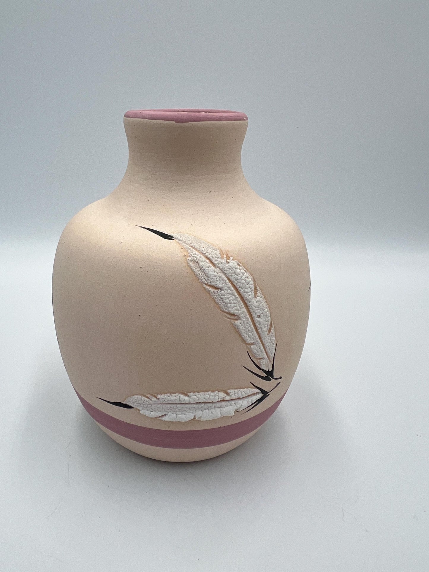 Navajo Clay Vase, Pink Base with Feather Design (Signed, Vintage)