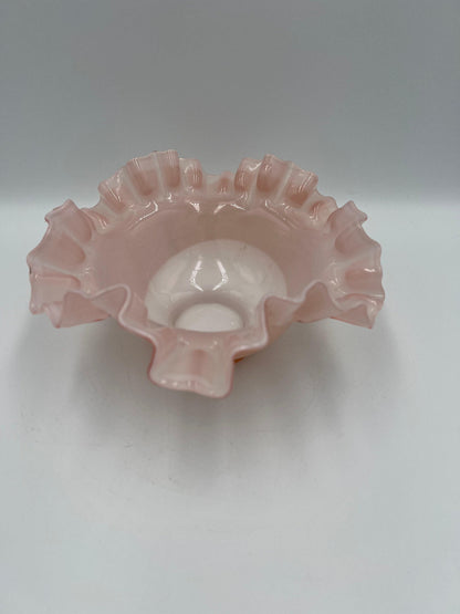 Fenton Glass Bowl: Pink Rose Overlay - Ruffled Edge, 1940s Vintage