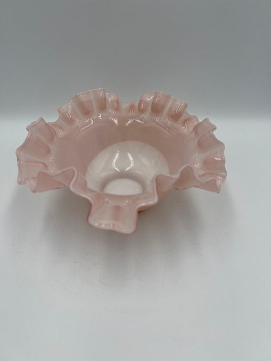 Fenton Glass Bowl: Pink Rose Overlay - Ruffled Edge, 1940s Vintage