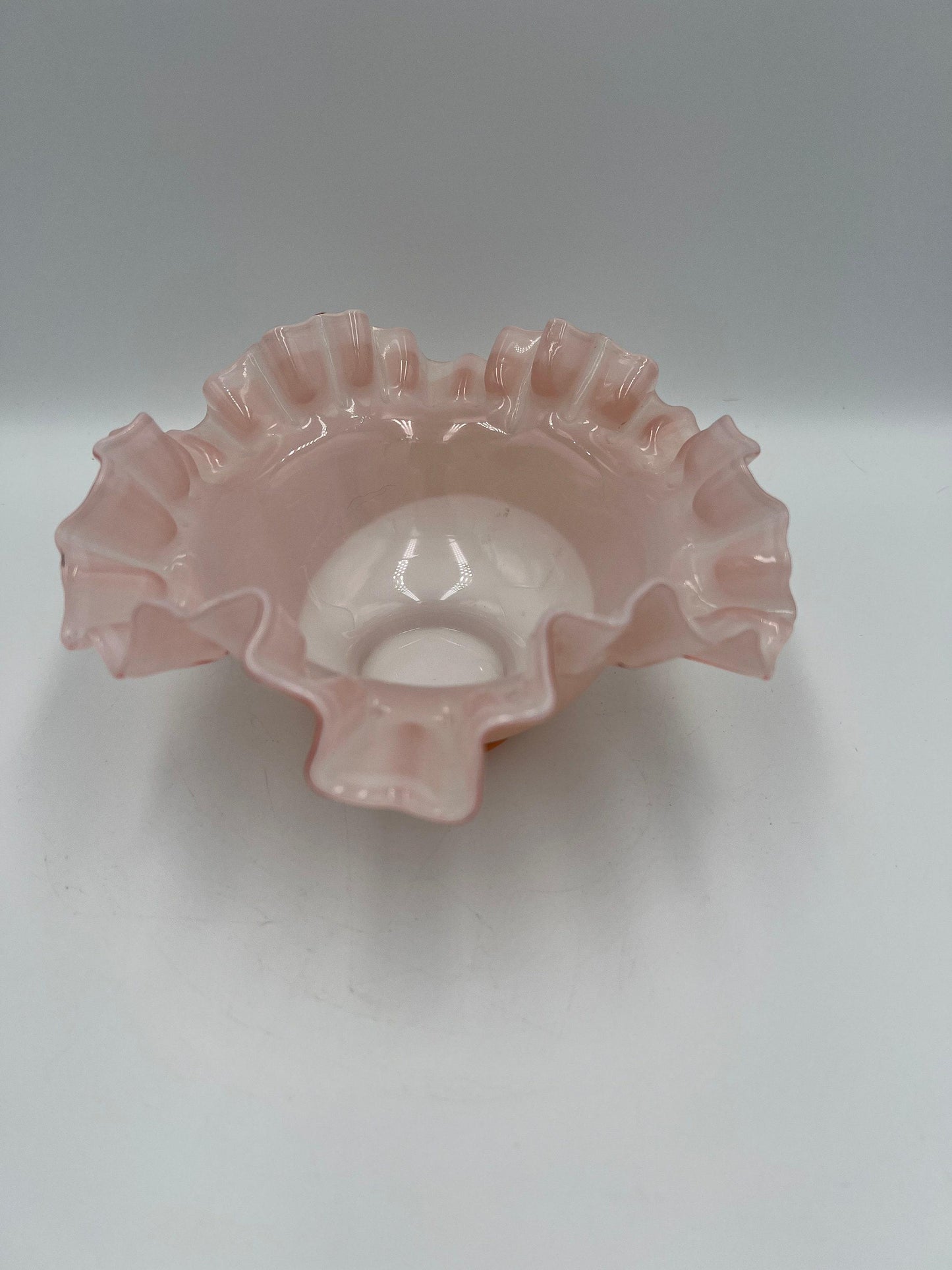 Fenton Glass Bowl: Pink Rose Overlay - Ruffled Edge, 1940s Vintage