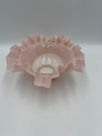 Fenton Glass Bowl: Pink Rose Overlay - Ruffled Edge, 1940s Vintage