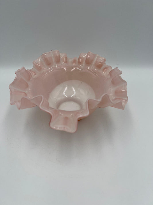 Vintage Fenton Pink Rose Overlay Ruffled Glass Bowl