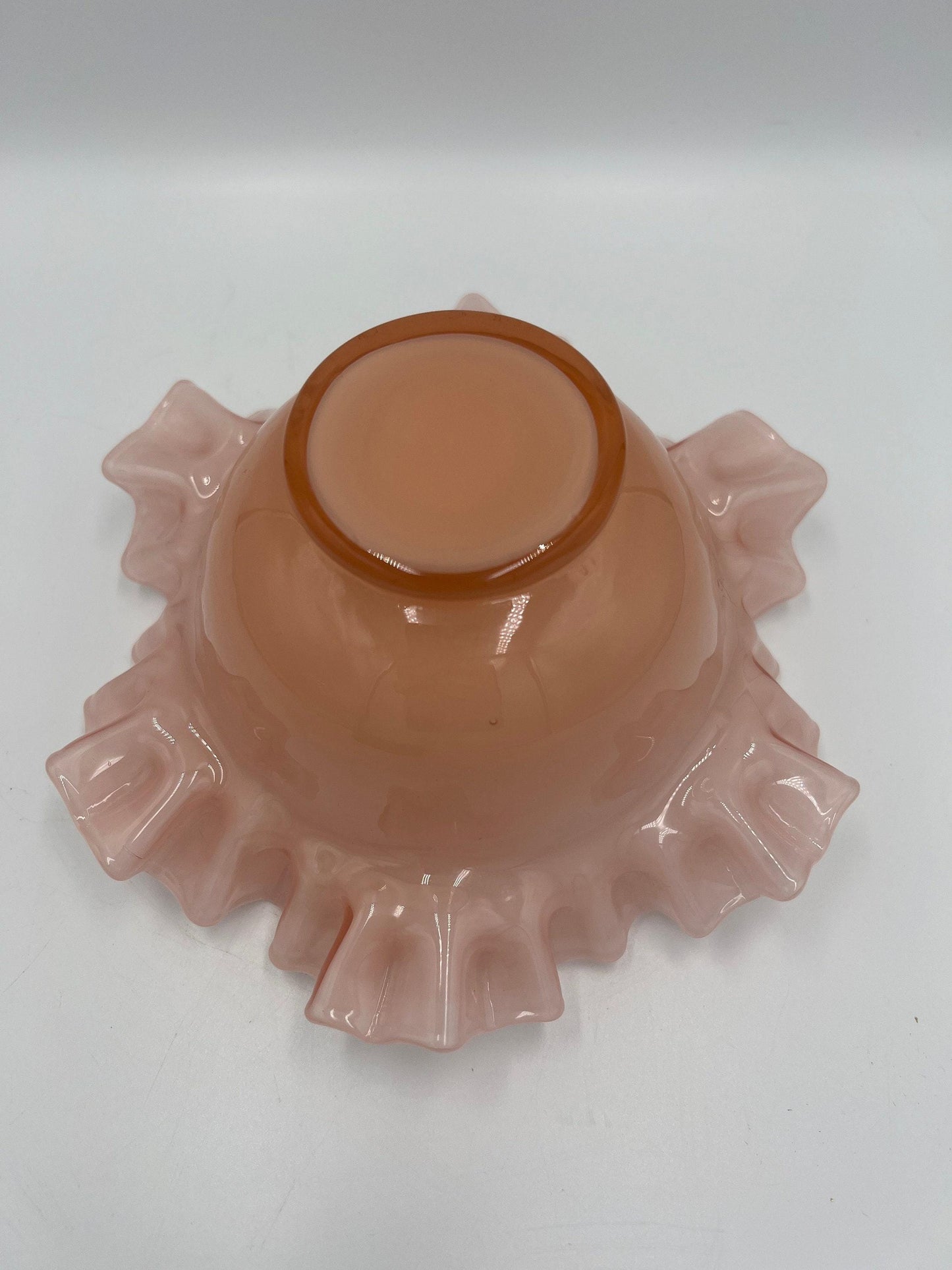 Fenton Glass Bowl: Pink Rose Overlay - Ruffled Edge, 1940s Vintage