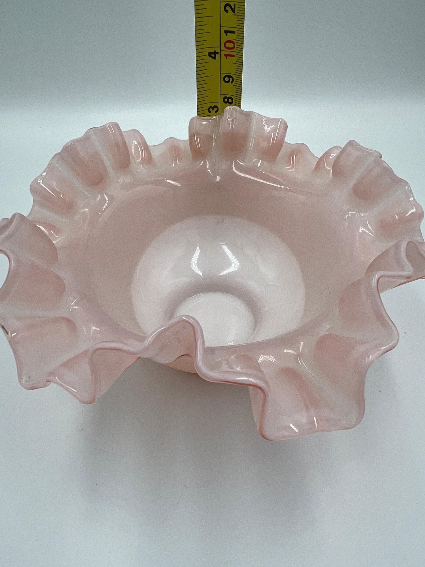 Fenton Glass Bowl: Pink Rose Overlay - Ruffled Edge, 1940s Vintage