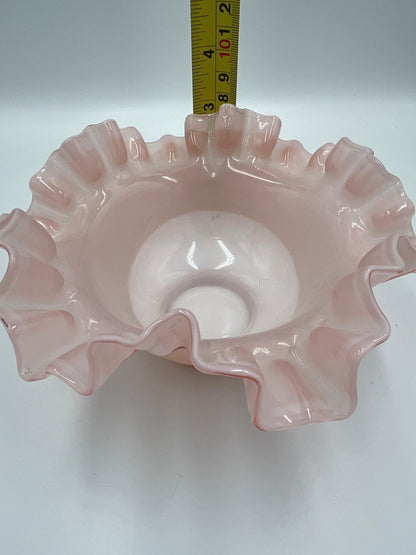 Fenton Glass Bowl: Pink Rose Overlay - Ruffled Edge, 1940s Vintage