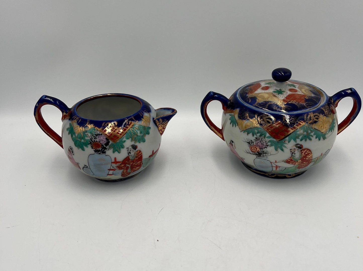 Vintage Japanese Porcelain Creamer and Sugar Bowl Kutani-style or Geishaware