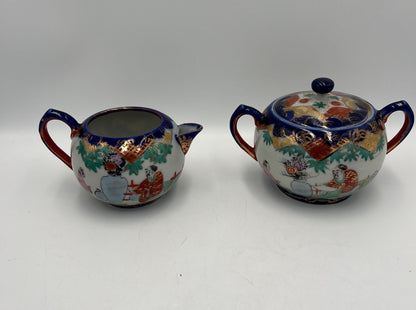 Vintage Japanese Porcelain Creamer and Sugar Bowl Kutani-style or Geishaware