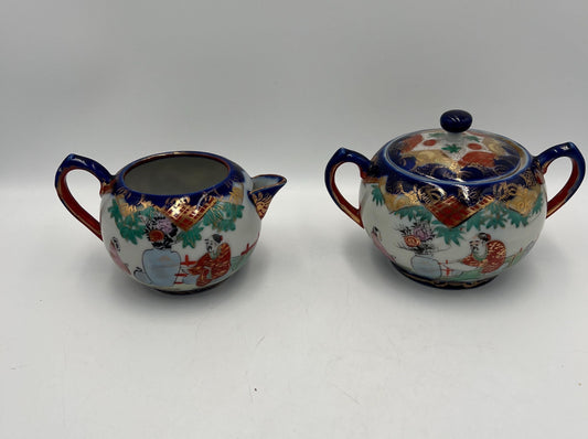 Vintage Japanese Porcelain Creamer and Sugar Bowl Kutani-style or Geishaware