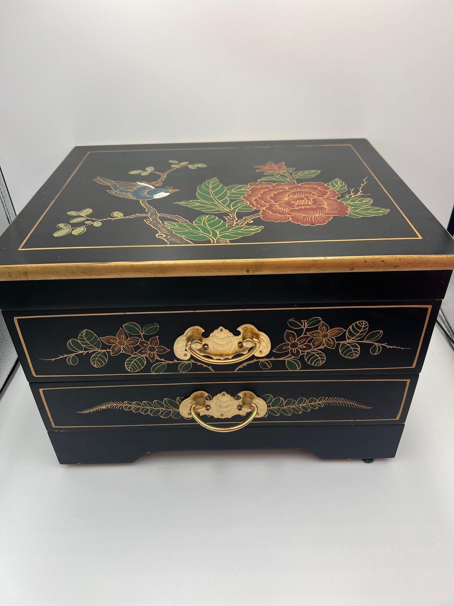 Asian Jewelry Box - Black Lacquer with Ornate Bird and Red Lining