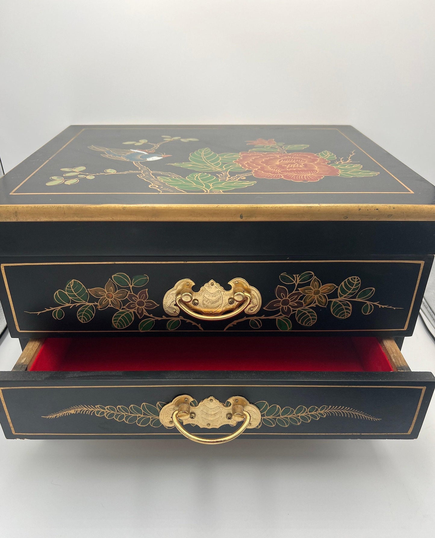 Asian Jewelry Box - Black Lacquer with Ornate Bird and Red Lining