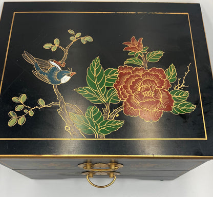 Asian Jewelry Box - Black Lacquer with Ornate Bird and Red Lining