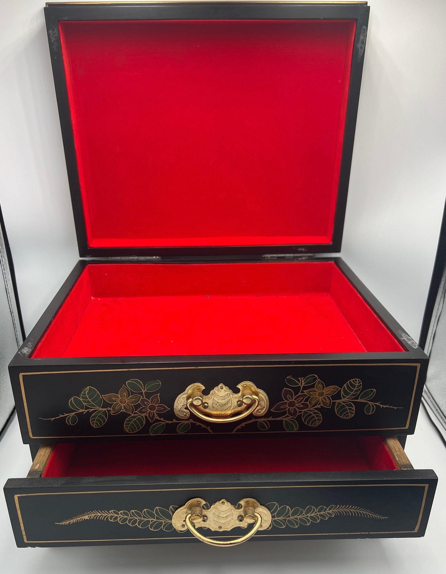 Asian Jewelry Box - Black Lacquer with Ornate Bird and Red Lining